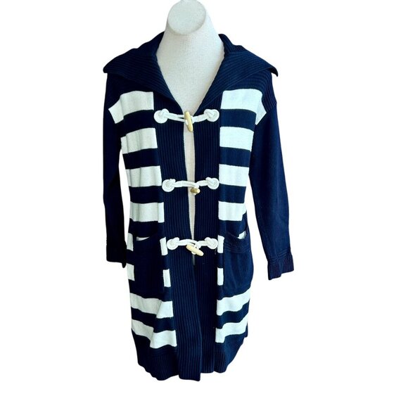 Talbots Navy Blue Nautical Striped Toggle Button Coatigan Cardigan Sweater - Picture 1 of 9